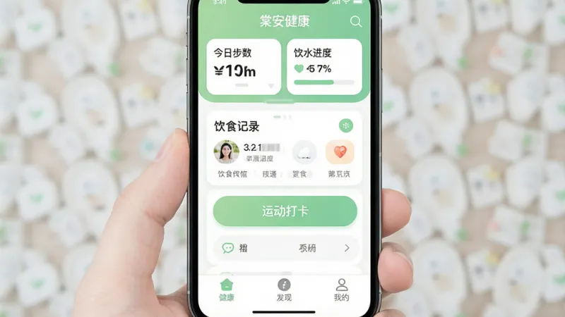 一张展示“棠安健康”App核心界面的手机屏幕截图，画面中央是手机，屏幕显示“棠安健康”App主页面，布局为顶部显示今日步数和饮水进度，中间是饮食记录卡片和运动打卡按钮，底部为健康、发现、我的三个选项卡。整体风格清新简约，以浅绿色和白色为主色调，图标圆润，排版干净，画质清晰，无多余元素。