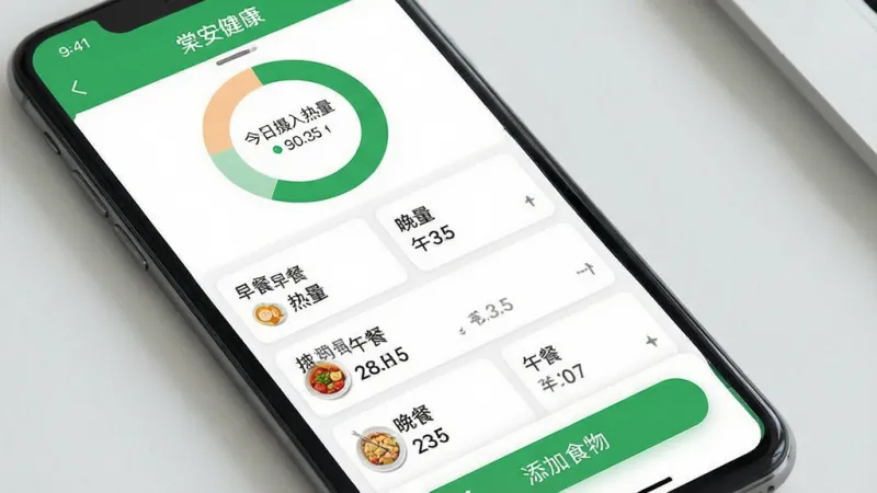 一张展示“棠安健康”App饮食记录界面的手机截图，画面中手机屏幕显示“棠安健康”App的饮食记录页面，布局为上方是今日摄入热量环形图，中间是早餐、午餐、晚餐的卡片列表，每张卡片内显示食物名称和热量数值，底部有一个“添加食物”的悬浮按钮。风格清新，以绿色和白色为主，数据展示直观，画质干净，无多余元素。