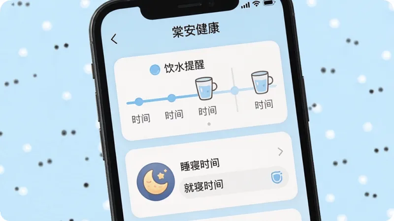 一张展示“棠安健康”App饮水与睡眠提醒界面的手机截图，画面中手机屏幕显示“棠安健康”App的提醒设置页面，布局为上方是饮水提醒的时间轴和杯子图标，下方是睡眠提醒的月亮图标和就寝时间设置，背景为浅蓝色。风格温馨，图标可爱，文字清晰，画质干净，无多余元素。