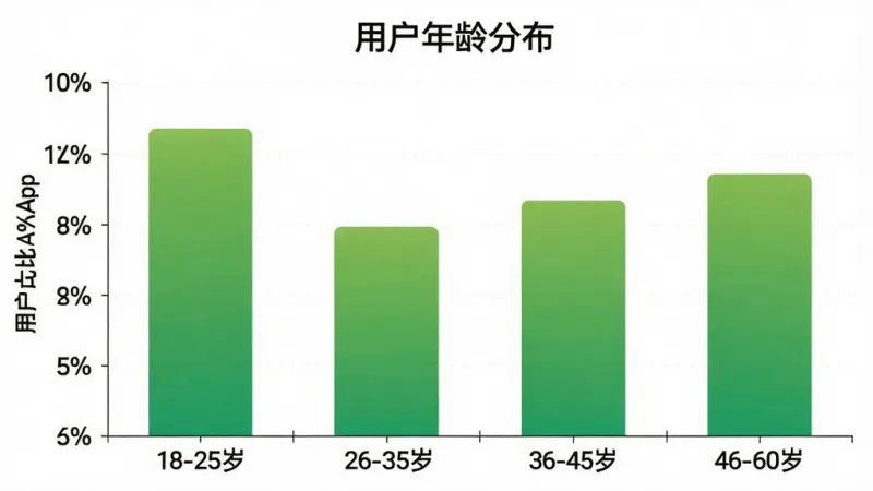 一张柱状图，展示“棠安健康”App用户年龄分布，横轴为年龄段：18-25岁、26-35岁、36-45岁、46-60岁，纵轴为用户占比百分比，柱状图颜色为绿色渐变。图表标题为“用户年龄分布”，风格简洁，数据清晰，画质干净，无多余元素。