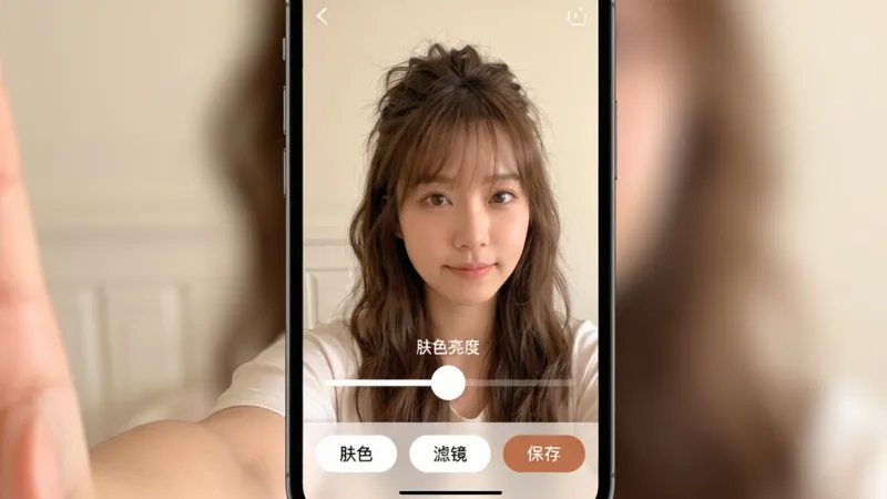 发型测试相机滤镜与妆效调整界面展示，主体为手机屏幕内一位女生自拍，屏幕上显示发型已更换，同时有肤色亮度和滤镜滑条，布局为底部工具栏有“肤色”“滤镜”“保存”按钮，排版简洁，风格为柔和暖色调，细节上滑条带有圆形调节钮，画质细腻，无多余元素