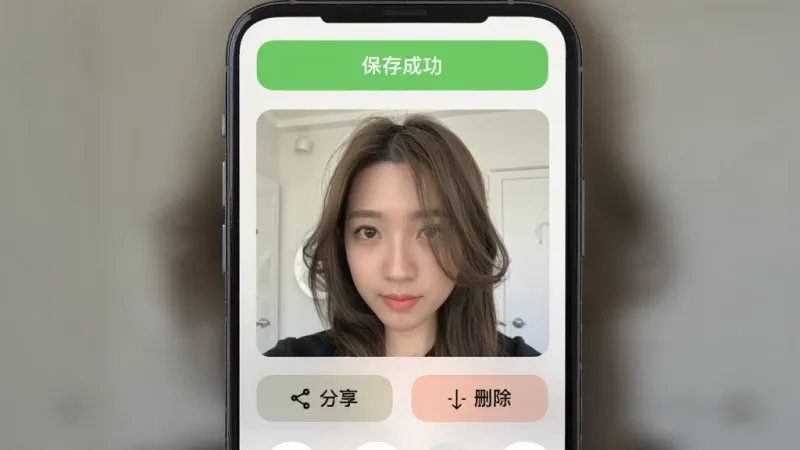 手机屏幕显示发型测试相机保存成功的提示界面，主体为相册中一张换好发型的自拍照，布局为顶部有“保存成功”绿色提示条，中间是照片预览，底部有分享和删除按钮，排版简洁，风格为iOS风格圆角卡片，细节上照片中女生发型自然，画质清晰，干净无多余元素