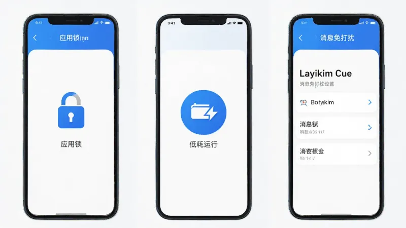 Layikim 功能展示图,手机屏幕分成三个区域,左侧显示应用锁界面,中间显示低耗运行图标,右侧显示消息免打扰设置,整体布局清晰,蓝白配色,风格统一,画质干净无多余元素