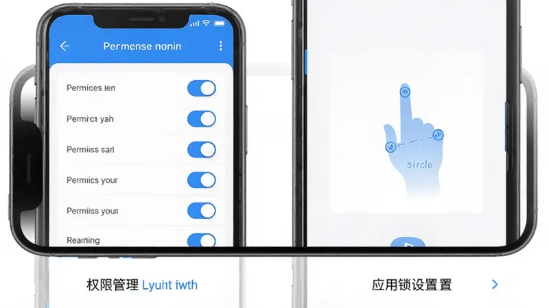 Layikim 安装设置指引图,手机屏幕展示权限管理界面和应用锁设置页面,左侧是权限开关列表,右侧是手势密码绘制区域,界面简洁明了,蓝白配色,风格现代,画质干净无多余元素