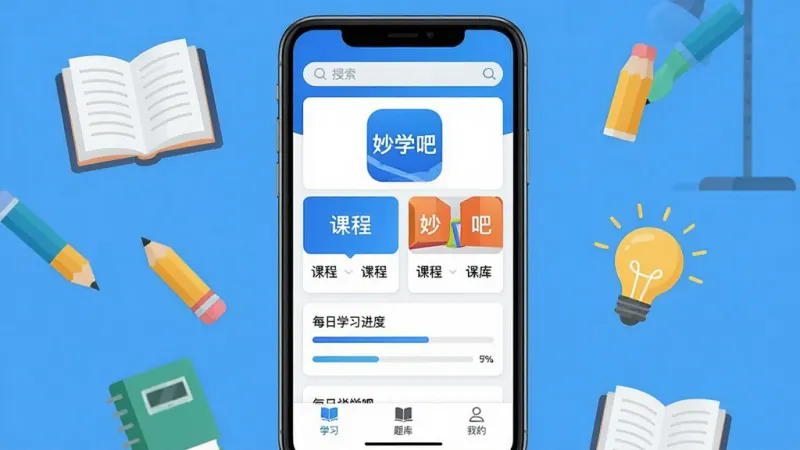 妙学吧学习软件主界面全貌展示,画面中央是手机屏幕,屏幕上显示妙学吧应用图标和名称“妙学吧”,界面以蓝白色调为主,顶部有搜索栏,中间是课程分类卡片和每日学习进度条,底部有学习、题库、我的三个导航标签,周围环绕书本、铅笔、灯泡等学习元素图标,扁平化设计风格,画面干净整洁,画质清晰,无多余元素