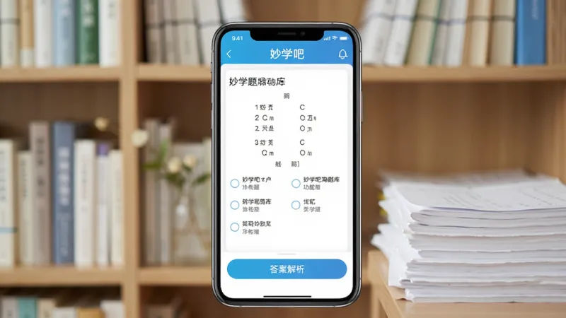 妙学吧海量题库功能展示,手机屏幕显示妙学吧应用的刷题界面,屏幕中央是一道选择题和四个选项,下方有“答案解析”按钮,背景是整齐排列的书架和试卷,色调清新自然,画面干净,画质清晰