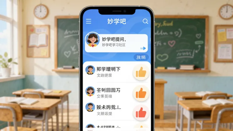 妙学吧学习社区互动界面,手机屏幕显示妙学吧应用的社区页面,屏幕上有用户头像和提问内容,下方有回答列表和点赞按钮,背景是教室和黑板元素,风格活泼,画面干净,画质清晰