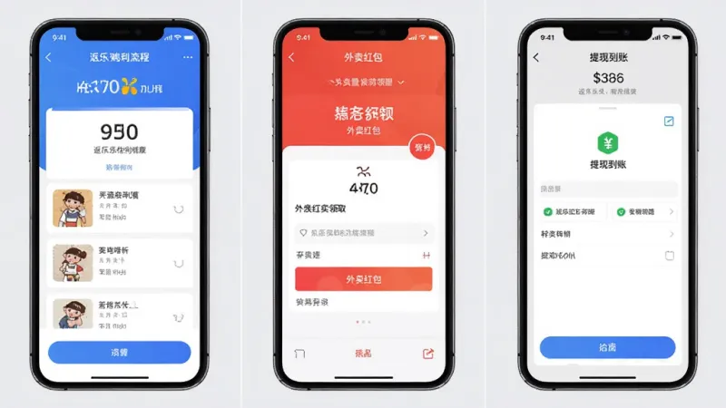返乐乐软件功能展示图，画面分成三个区域，左边显示购物返利流程，中间显示外卖红包领取界面，右边显示提现到账截图，整体采用手机样机展示，背景浅灰色，风格简洁商务，画质清晰干净无多余元素