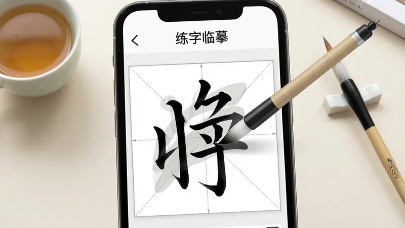 一张手机屏幕展示练字临摹App的主界面，画面中央是田字格字帖和半透明笔画引导，一支虚拟毛笔正沿着笔画书写，界面顶部显示“练字临摹”四个字，背景是干净的浅色书桌，旁边放着一杯茶和一支真毛笔，整体风格清新简约，画质干净无多余元素