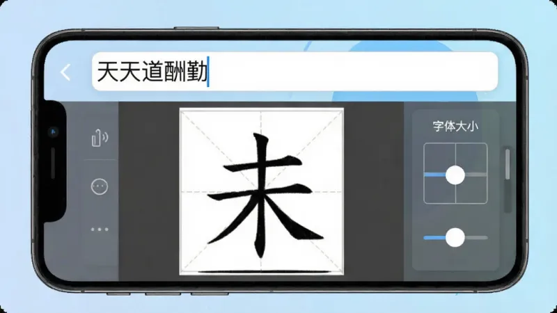 一张手机屏幕截图，展示练字临摹App的自定义字帖生成界面，输入框里写着“天道酬勤”四个字，下方预览区显示生成的田字格字帖，旁边有字体大小和格子样式的调节滑块，界面简洁，背景是淡蓝色渐变，风格现代扁平，画质干净无多余元素