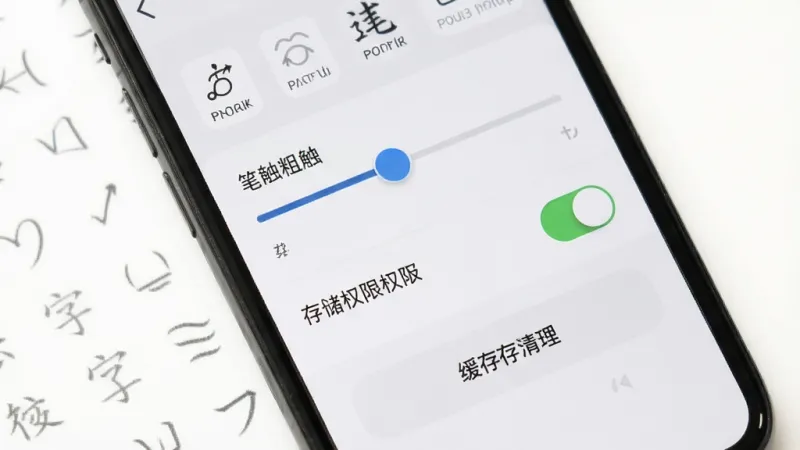 一张手机屏幕展示练字临摹App的设置界面，可以看到笔触粗细调节滑块、存储权限开关、缓存清理按钮，界面背景是浅灰色，图标线条简洁，整体风格清爽，画质干净无多余元素