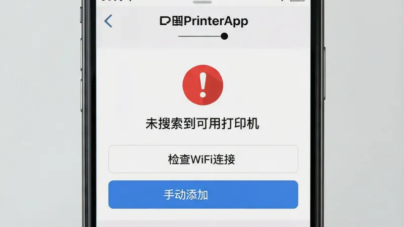 生图提示词:一张手机截图风格的图片,展示DocPrinterApp的“未找到打印机”错误提示界面。画面中有一个红色的感叹号图标,下方文字为“未搜索到可用打印机”,并配有“检查WiFi连接”和“手动添加”两个按钮。界面设计简洁,背景为浅灰色,画质清晰。