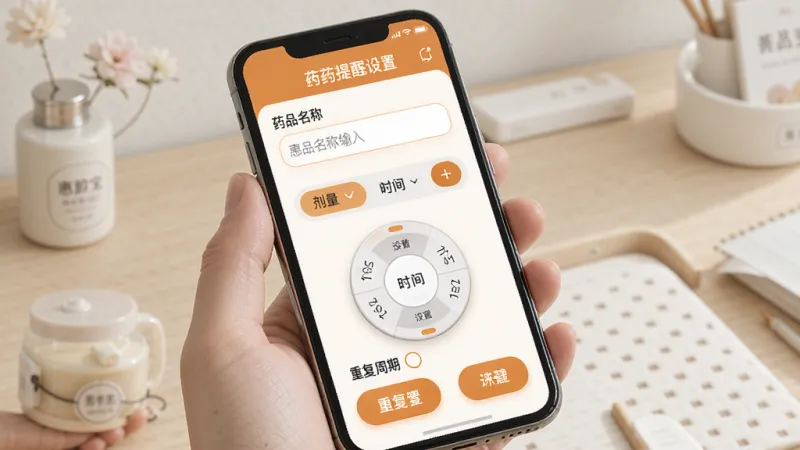 惠龄宝智能用药提醒功能展示,手机屏幕显示用药提醒设置界面,包含药品名称输入框、剂量选择器、时间设置轮盘和重复周期选项,界面采用大字体大按钮设计,配色温暖舒适,背景干净整洁,画面清晰无杂乱元素,突出中老年友好操作特点