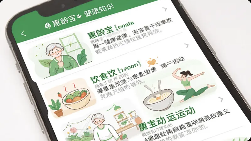 惠龄宝健康知识科普页面展示,手机屏幕显示文章列表界面,每篇文章配有简洁的插图,标题字体较大,内容涉及养生、饮食、运动等主题,整体排版清爽易读,配色以绿色和白色为主,传达健康活力的感觉,画质干净无杂乱