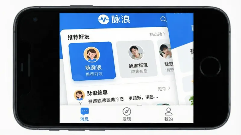 一张手机屏幕展示图,画面中央是“脉浪”App的主界面,界面设计简洁现代,以蓝白配色为主,顶部有“脉浪”Logo,中间是推荐好友卡片和动态信息流,底部有消息、发现、我的三个导航图标,整体风格轻松活泼,画质干净清晰,无多余元素