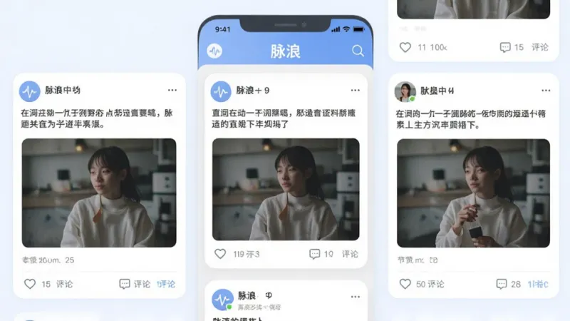 一张手机界面截图,展示“脉浪”App的动态广场页面,画面中有多条用户动态卡片,包含文字和配图,卡片下方有点赞和评论图标,界面以柔和的蓝色和白色为主色调,排版整齐,风格清新现代,画质干净无多余元素