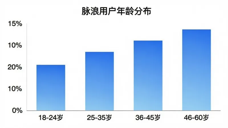 一张柱状图,展示“脉浪”用户年龄分布,横轴为年龄段“18-24岁”“25-35岁”“36-45岁”“46-60岁”,纵轴为用户占比百分比,柱子颜色为蓝色渐变,图表标题为“脉浪用户年龄分布”,风格简洁明了,画质干净无多余元素
