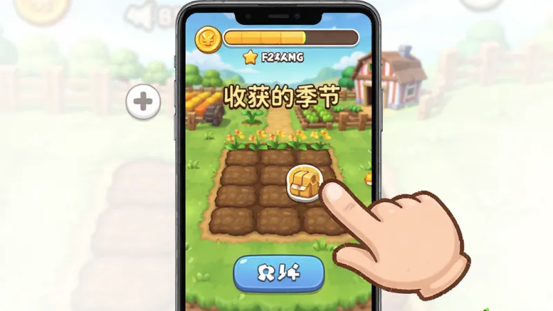 一部安卓手机屏幕上显示“收获的季节”游戏的新手引导界面,画面中有一个卡通手指正在指向一块待开垦的土地,屏幕上方有金币和等级条,背景是游戏内的农场场景,风格为清晰的手机应用截图风格,布局上手机居中,界面元素排列整齐,细节包括按钮的圆角、土地的纹理、手指的图标,画质干净,无多余元素