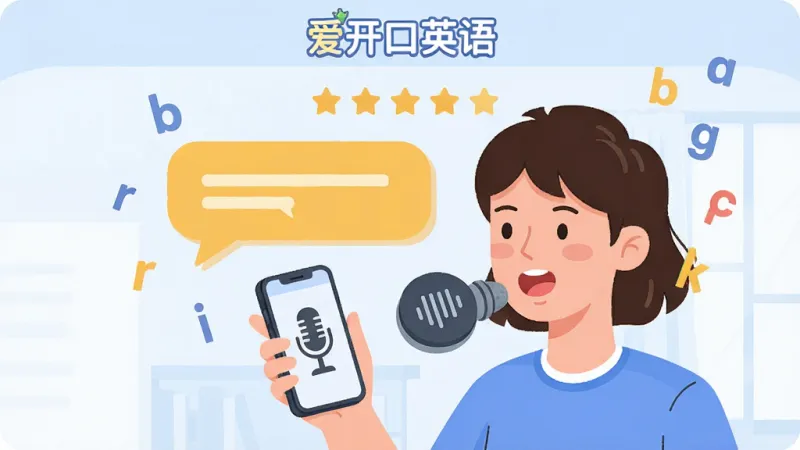 爱开口英语 手机App主界面 英语口语练习场景 主体是一位年轻人拿着手机对着麦克风图标练习发音 布局为顶部软件名称“爱开口英语”中间是醒目的口语对话气泡和评分星星 排版采用上下结构 风格轻松活泼扁平化插画风 细节包括英语字母漂浮元素和麦克风图标 画质高清干净无多余元素