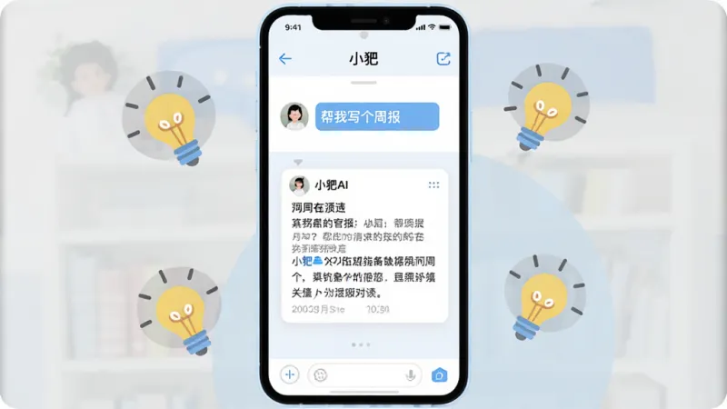一张展示小耙AI对话界面的示意图,画面主体是一部手机,屏幕上显示着用户输入“帮我写个周报”和小耙AI生成的周报内容,界面以白色和浅蓝色为主,文字清晰,布局简洁,周围有代表灵感的灯泡小图标点缀,风格现代扁平,画质干净