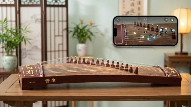 电子古筝模拟App主界面全貌展示,画面中央是一台精致的21弦古筝横放于木质桌面上,琴弦泛着柔和光泽,手机屏幕悬浮在古筝右上方,屏幕内显示App的弹奏界面,有琴弦和音符飘动效果,背景是淡雅的中式书房环境,有屏风、绿植和暖色台灯,整体风格清新雅致,细节丰富,画质干净无多余元素