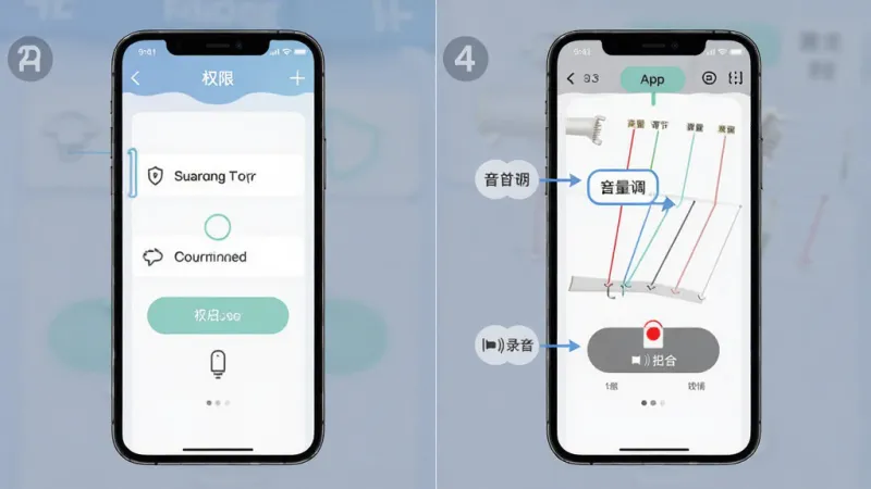 电子古筝模拟新手操作指南示意图,画面分为左右两部分,左侧是手机安装界面显示权限开启步骤,右侧是App内设置界面标注音量调节和录音按钮位置,整体风格为信息图样式,配色清晰易读,细节明确,画质干净无多余元素