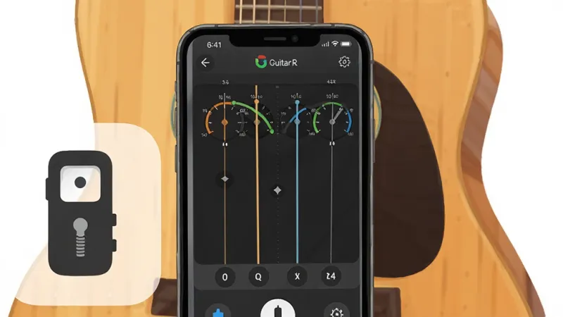 一幅展示Guitar吉他校音器核心全貌的插画,画面中央是一部智能手机,屏幕显示着Guitar吉他校音器的调音界面,有六根琴弦的指针式调音表,背景是一把木吉他和一个简约的调音器图标,风格清新明亮,细节清晰,画质干净无多余元素