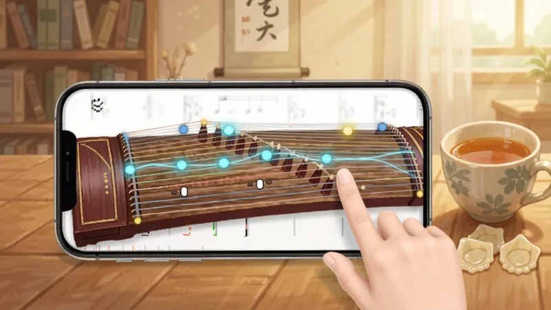一张展示古筝模拟练习智能跟弹功能的图片,画面中手机横屏显示,屏幕上有流动的曲谱光标和对应的古筝琴弦指示,一只虚拟的手指正在拨动发光的琴弦,手机旁边有一杯茶和一副古筝指甲,背景是温馨的书房一角,整体风格轻松休闲,色彩明亮,突出跟弹互动的趣味性