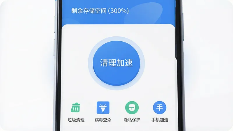 手机管家安全速清软件主界面，干净清爽的蓝白配色，顶部显示手机剩余存储空间百分比，中间是一个巨大的圆形清理加速按钮，下方排列着垃圾清理、病毒查杀、隐私保护、手机加速四个功能图标，界面无任何广告横幅，整体布局简洁明了，文字标签清晰可见，扁平化设计风格，细节圆润，画质干净高清，无多余元素