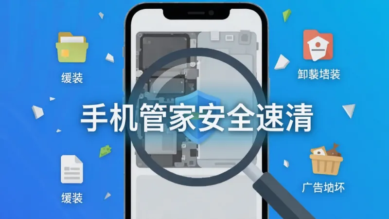 手机管家安全速清深度清理功能展示，手机屏幕画面中显示一个放大镜正在扫描手机内部结构，周围漂浮着代表缓存文件、卸载残留、广告垃圾的图标碎片，背景是干净的科技蓝渐变，画面中央有“手机管家安全速清”字样，风格现代扁平，画质清晰无杂乱