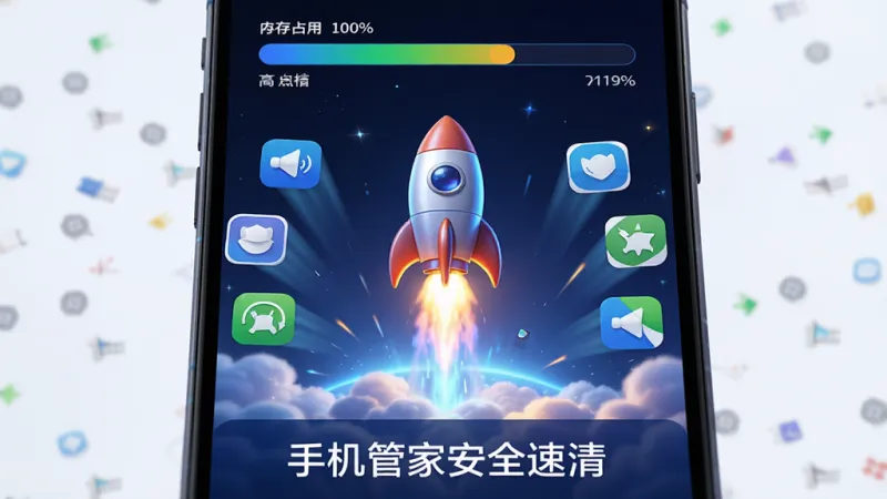 手机管家安全速清手机加速功能界面，屏幕中央显示一个火箭正在点火升空的动态效果，周围环绕着被清理掉的后台应用图标，顶部显示内存占用从高到低的进度条变化，画面下方有“手机管家安全速清”标识，科幻简洁风格，色彩明亮，画质干净无多余元素