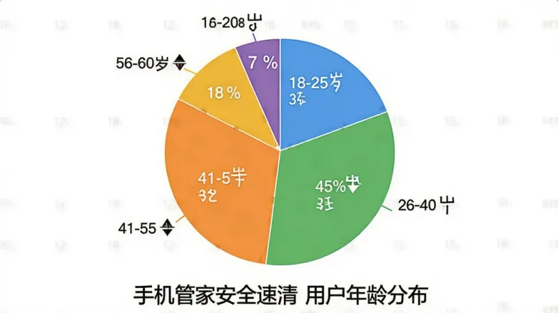 手机管家安全速清用户年龄分布饼状图，图表背景简洁，饼图分为四个色块，18-25岁占比30%，26-40岁占比45%，41-55岁占比18%，56-60岁占比7%，图表下方标注“手机管家安全速清”用户年龄分布，风格清晰明了，数据标签明确，画质干净无多余元素
