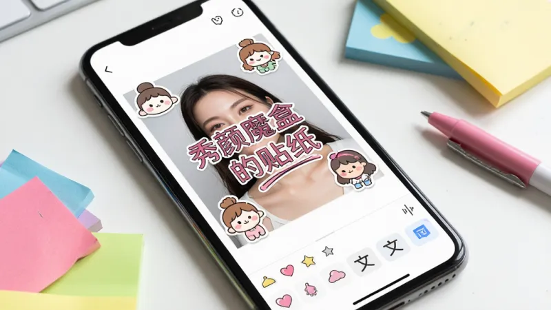 一张展示秀颜魔盒贴纸文字功能的图片，画面中一部手机平放在桌面上，屏幕上显示着秀颜魔盒的编辑界面，照片上已经添加了可爱的卡通贴纸和艺术文字，界面底部有贴纸库和文字工具的选项栏，手机旁边散落着一些彩色便签纸和笔，整体布局活泼有趣，风格年轻化，细节上贴纸和文字效果清晰可见，画质干净，无多余元素