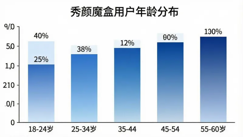 一张展示秀颜魔盒不同年龄段用户占比的柱状图，图片背景为白色，柱状图有五个柱子分别代表18-24岁、25-34岁、35-44岁、45-54岁、55-60岁五个年龄段，每个柱子上方标注着对应的百分比数值，柱子颜色为渐变的蓝色系，图表标题为“秀颜魔盒用户年龄分布”，整体布局简洁清晰，风格数据可视化，细节上坐标轴标签清晰可读，画质干净，无多余元素