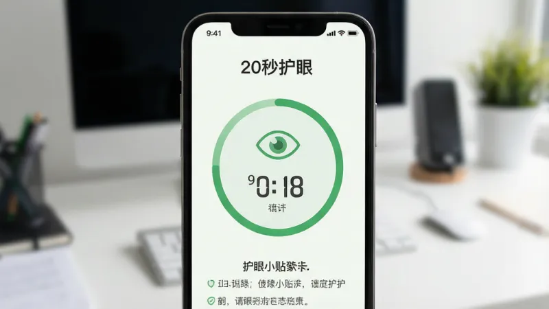 一张手机屏幕特写展示「20秒护眼」应用主界面，界面中央有醒目的倒计时圆圈和眼睛图标，周围环绕绿色护眼主题色调，背景是模糊的办公室桌面场景，主体突出应用界面布局，排版简洁居中，风格清新扁平化，细节包括倒计时数字和护眼小贴士文字，画质清晰干净无多余元素