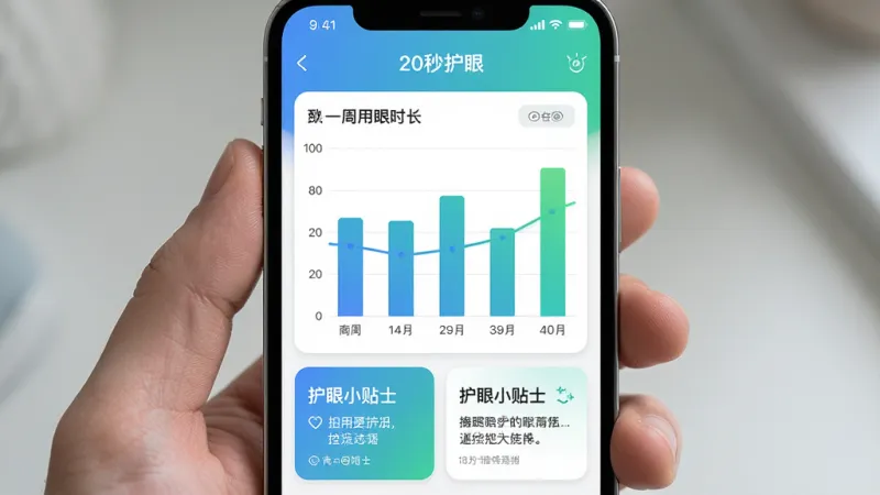 一张手机应用截图风格的AI生图，展示「20秒护眼」的统计页面，页面上有柱状图显示一周用眼时长，下方有护眼小贴士卡片，主体为手机屏幕内容，布局上下结构清晰，风格现代简约，细节包括图表颜色为蓝绿渐变和文字标签，画质清晰干净无多余元素