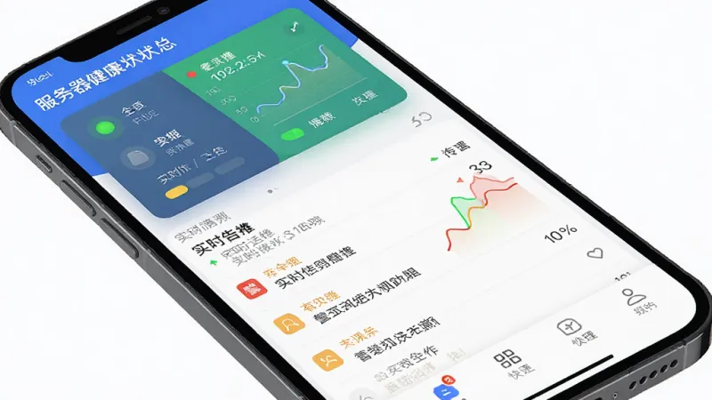 一张展示“时时运维”移动端应用主界面的详细生图,主体是智能手机屏幕,布局分为顶部服务器健康状态总览卡片、中部实时告警滚动列表、底部快捷操作栏,排版清晰,风格为现代科技扁平化,细节上包含绿黄红三色状态指示灯和折线图,画质高清干净无多余元素