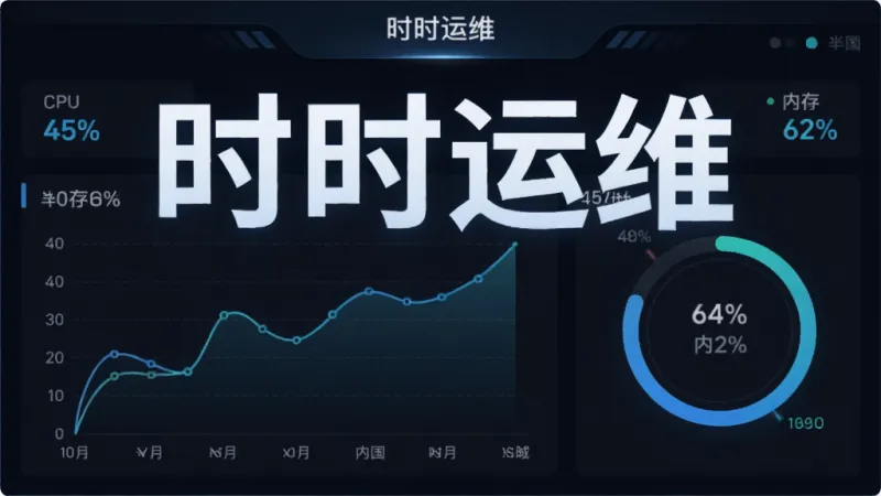 一张AI生图,画面中心是一块虚拟仪表盘,主体是“时时运维”四个大字悬浮在数据图表上方,布局左侧为折线图右侧为环形进度条,排版紧凑,风格为深色模式科技感,细节上显示CPU 45%和内存 62%等具体数值,画质清晰干净无多余元素