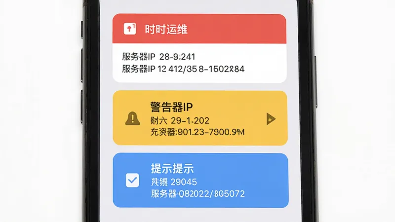 一张AI生图,画面主体是手机屏幕弹出“时时运维”告警通知卡片,布局为顶部红色紧急告警、中部黄色警告、底部蓝色提示,排版纵向堆叠,风格为扁平化UI设计,细节上包含时间戳和服务器IP地址,画质干净无多余元素