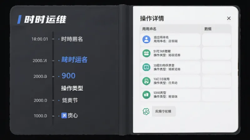 一张AI生图,画面主体是一本虚拟的电子日志本,封面上写着“时时运维”,布局为左侧时间轴右侧操作详情,排版整齐,风格为商务简约风,细节上包含用户名和操作类型图标,画质干净无多余元素