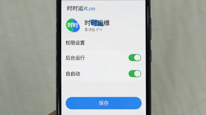 一张AI生图,画面主体是手机屏幕显示“时时运维”权限设置界面,布局为顶部应用图标、中部权限开关列表、底部保存按钮,排版清晰,风格为原生安卓设置界面风格,细节上突出“后台运行”和“自启动”两个开关为打开状态,画质干净无多余元素