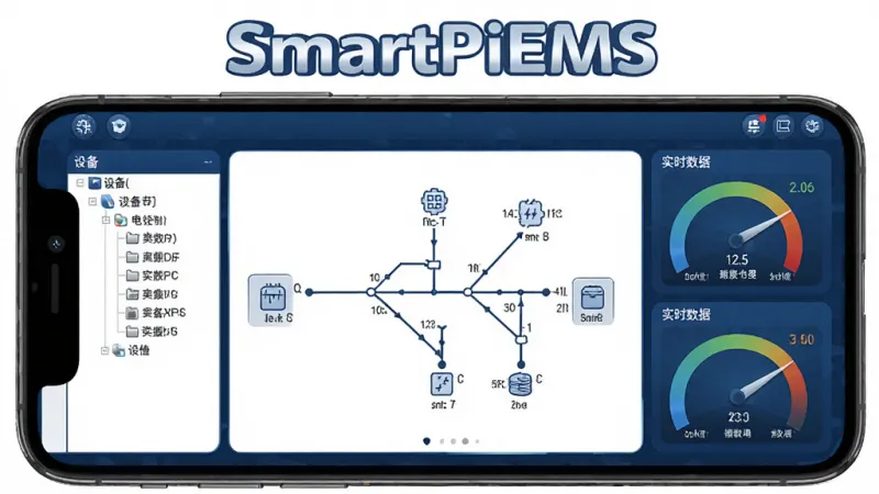 SmartPiEMS 软件主界面全貌展示，手机屏幕中央显示着清晰的电力系统单线图，左侧是设备树状列表，右侧是实时数据仪表盘，屏幕上方有醒目的 SmartPiEMS 文字标识，整体风格是深蓝色工业科技风，布局简洁明了，图标圆润，画质干净无多余元素