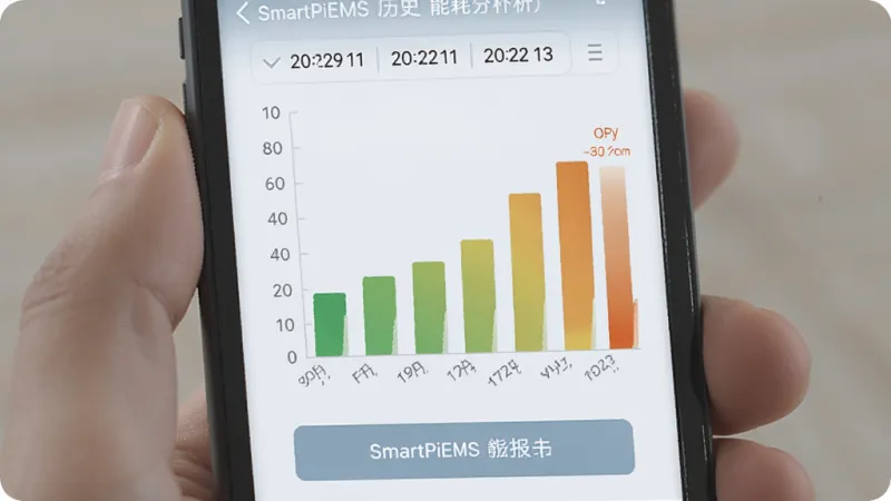 SmartPiEMS 历史能耗分析界面，手机屏幕上显示着按日统计的柱状图，柱子颜色从绿色渐变到橙色，代表用电量的高低变化，图表上方有日期选择器，下方有 SmartPiEMS 的能耗分析报告按钮，整体UI风格扁平化，配色柔和，画质干净