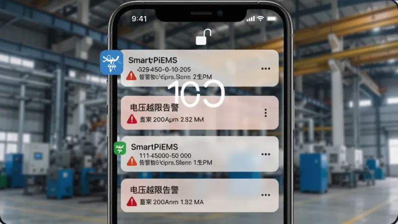 SmartPiEMS 告警推送通知界面，手机锁屏界面弹出多条告警消息，消息条目标题显示“电压越限告警”，内容包含具体数值和发生时间，通知栏有 SmartPiEMS 的图标，背景是模糊的工业厂房照片，风格写实，画质清晰