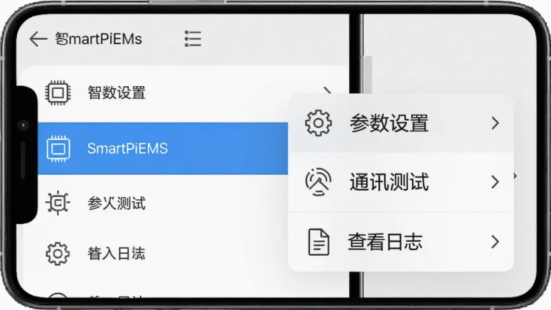 SmartPiEMS 设备参数配置界面，手机屏幕显示着设备列表，其中一个设备被选中高亮，弹出菜单包含“参数设置”“通讯测试”“查看日志”选项，背景是简洁的浅灰色，字体清晰，图标是线性风格，画质干净无多余元素