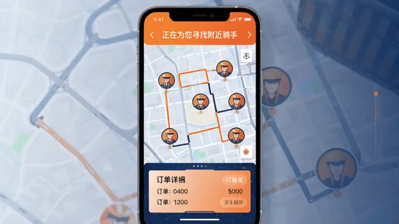 华盛配送APP智能派单界面，屏幕中央显示一张城市地图，地图上有多个骑手头像图标和路线连线，顶部显示“正在为您寻找附近骑手”，底部有订单详情卡片，风格科技感十足，配色为橙色和深蓝色，画质清晰干净