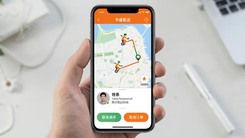 华盛配送APP实时订单追踪页面，手机屏幕显示地图上骑手位置和行驶轨迹，下方有骑手头像、姓名和预计到达时间，界面底部有“联系骑手”和“取消订单”按钮，配色清爽，以白色和橙色为主，画质干净，无杂乱信息
