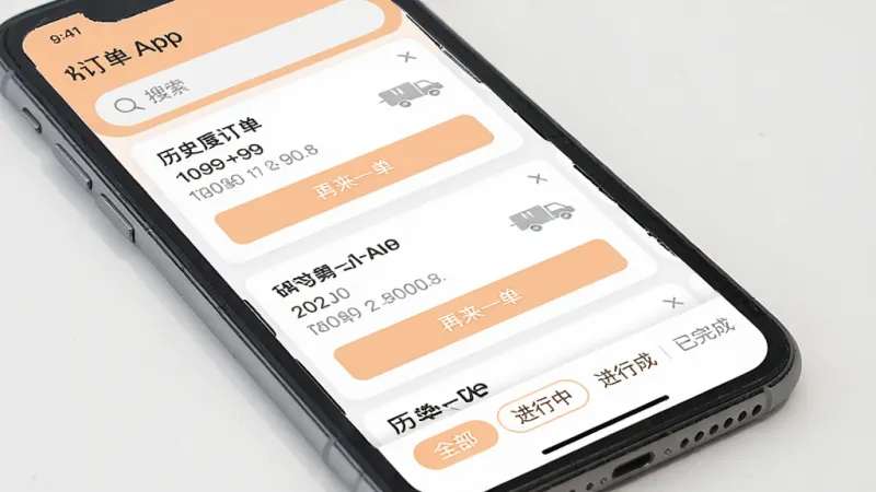 华盛配送APP订单历史页面，手机屏幕显示多个历史订单卡片，每个卡片上有“再来一单”按钮，顶部有搜索框，底部有“全部”“进行中”“已完成”选项卡，界面整洁，配色为白色和浅橙色，画质清晰，无多余装饰