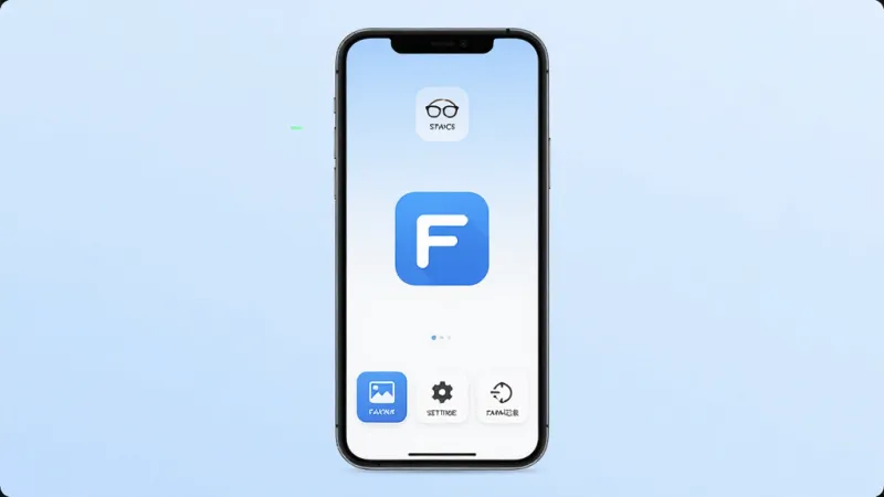一张展示FancyView应用主界面的图片，画面中央是手机屏幕，屏幕上显示FancyView的logo和简洁的蓝白配色界面，上方有智能眼镜连接状态图标，下方排列着相册、设置、传输记录等功能按钮，背景是柔和的浅蓝色渐变，风格现代简约，画质清晰干净，无多余元素