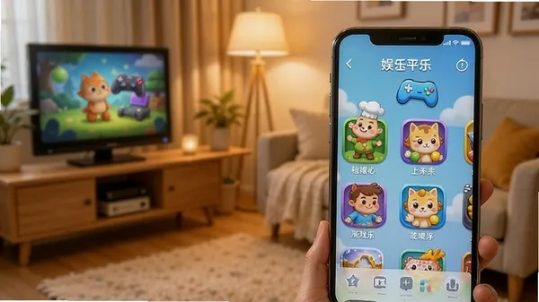 相伴娱乐游戏平台主界面展示，手机屏幕上呈现多款休闲小游戏图标，色彩明亮活泼，背景为温馨的居家环境，突出掌上娱乐的便捷与轻松氛围